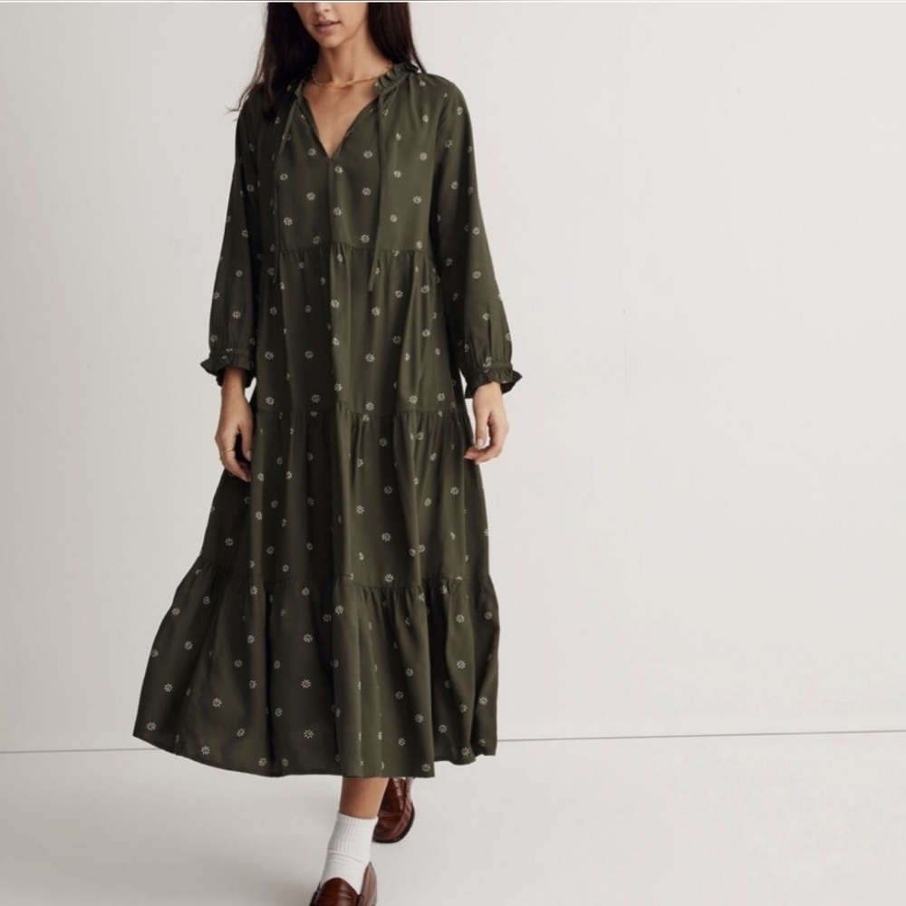 MADEWELL Tie-Neck Tiered Midi Dress In Stardot